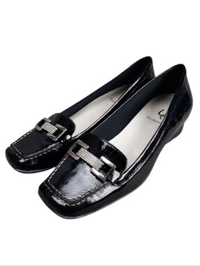 Liz Claiborne Dominique  Black Patent Leather Wedge Loafer SZ 8M